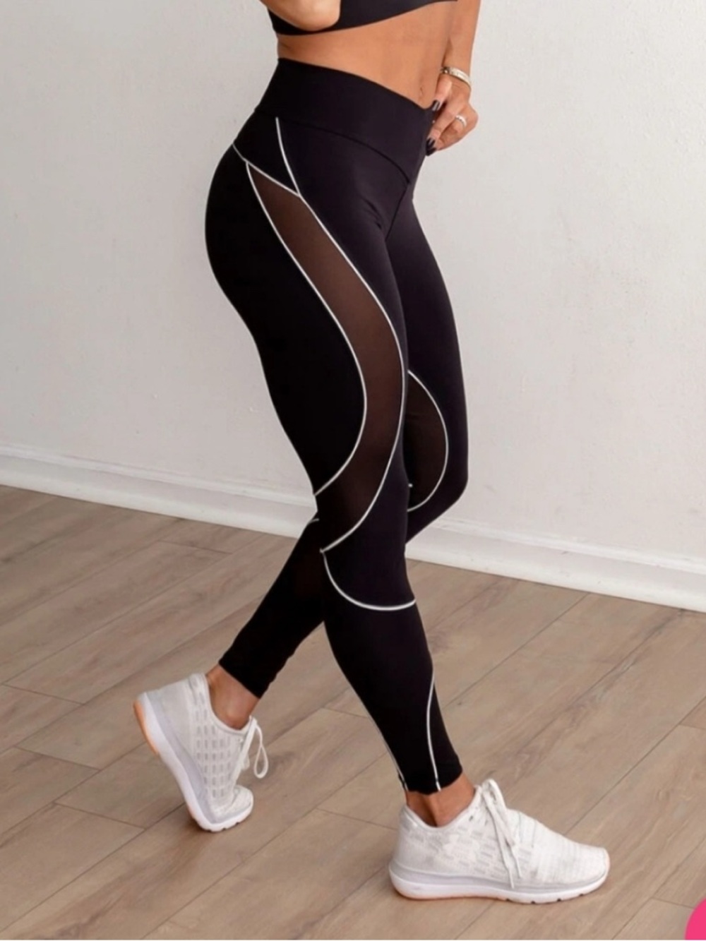High-Waist Navy Mesh Panel Leggings with Pink Trim - Picture 5 of 11